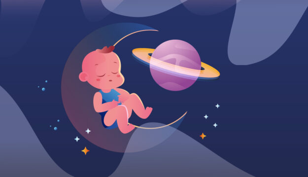 Grafische Darstellung eines Babys, das auf einem Halbmond schläft