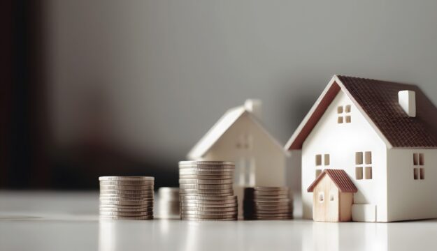 Miniaturmodell von zwei Häusern mit Geldmünzen daneben